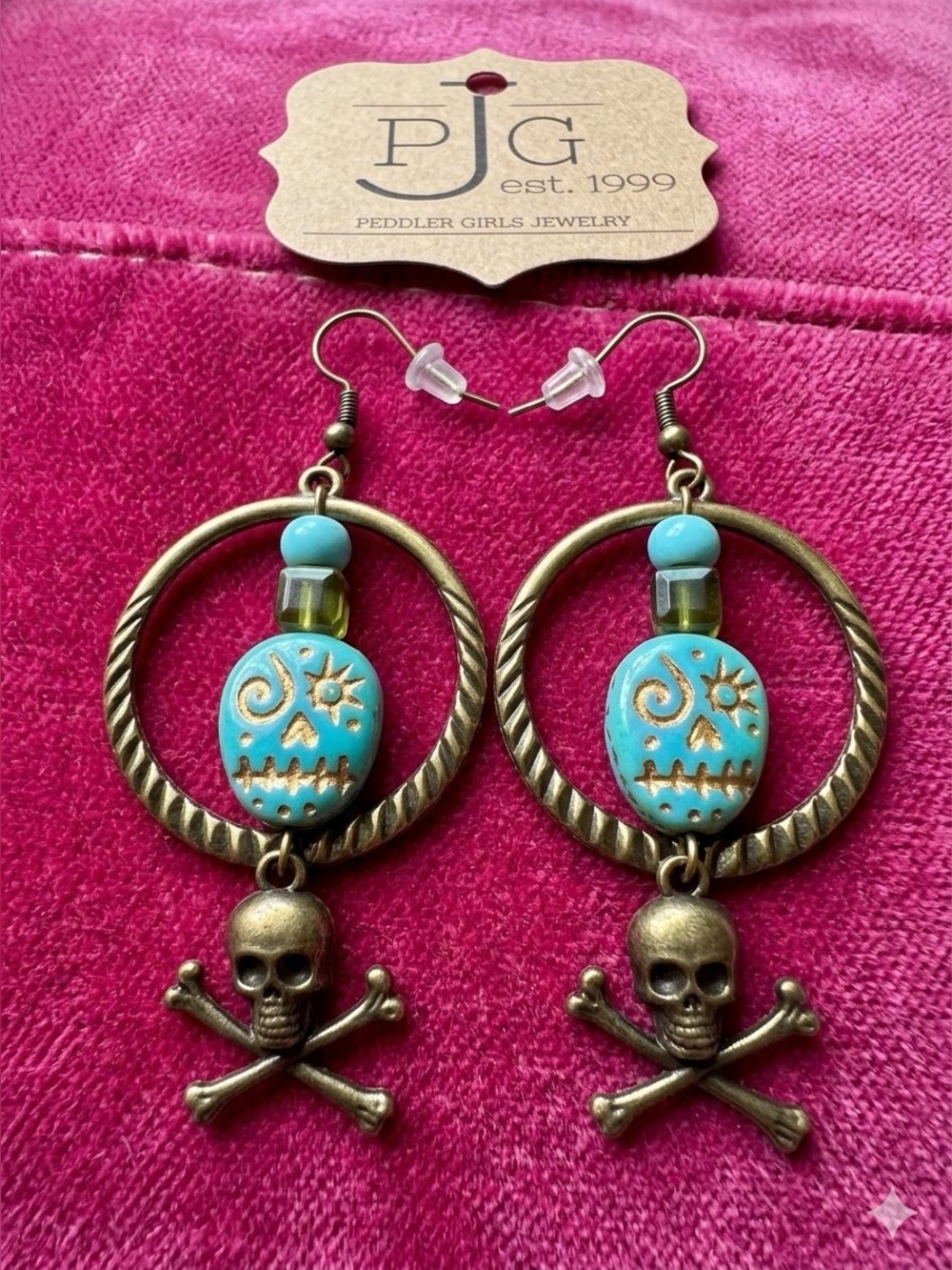 Primitive Peddler Teal Sugar Skull Hoop Dangle Earrings